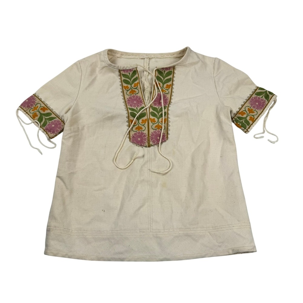 Vintage Upcycled Handmade Folk Peasant Blouse Embroidered Cream Canvas Top